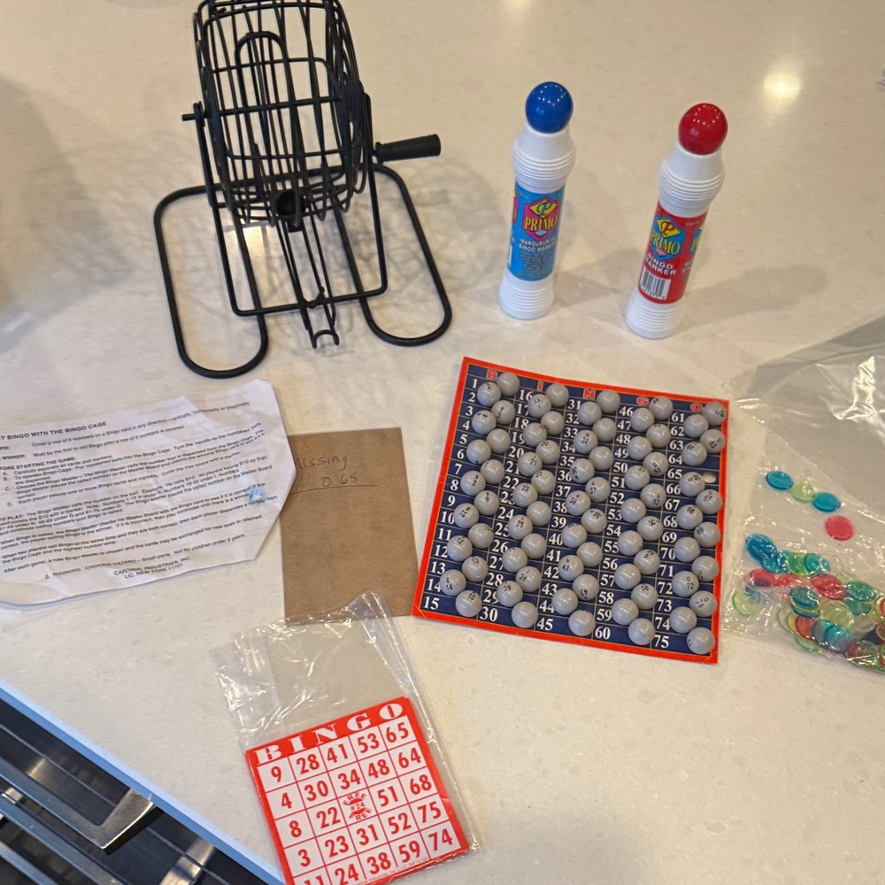 Classic Bingo Game Set with Cage and Markers missing 0/65 let that be free spot.